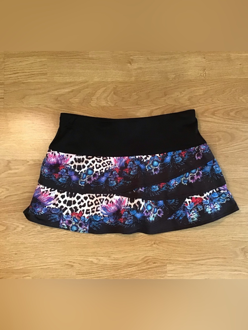 Lucky in Love Black Mini Skirt with Blue & Purple Floral Leopard Panels